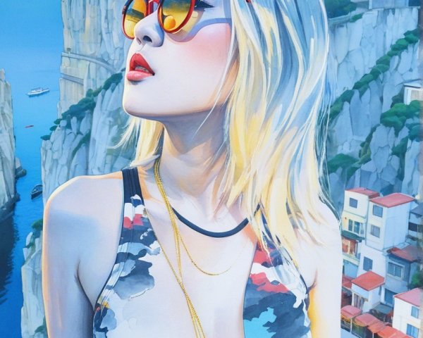 Young Woman in Colorful Outfit at Coastal Landscape