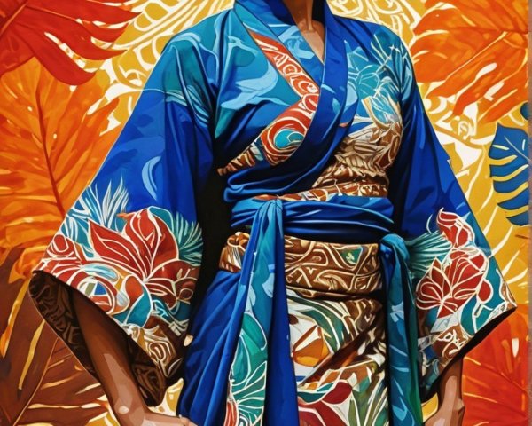 Vibrant Kimono with Floral Patterns and Tropical Background