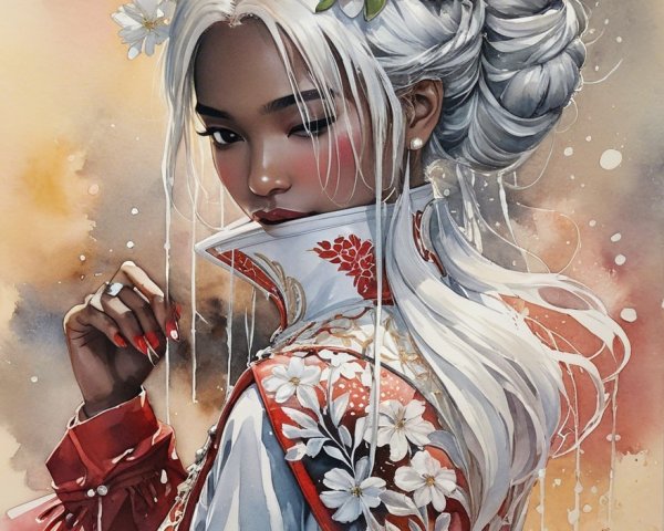 Illustration of a Young Woman with Silver Hair and Flowers
