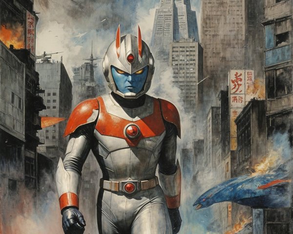 1970s Anime-Style Watercolor of Giant Hero in City