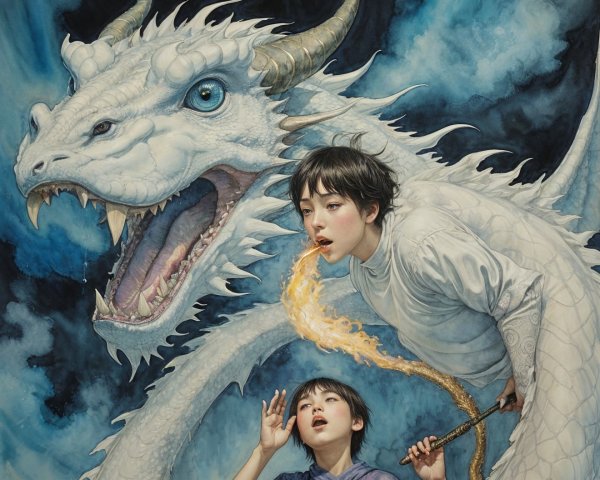 Majestic white dragon and girl with fire powers