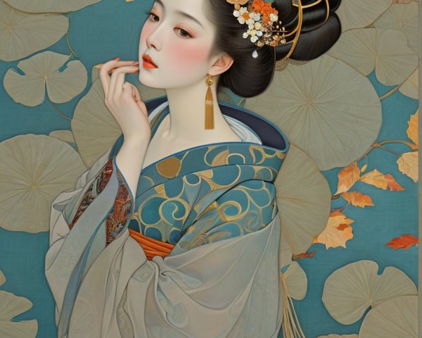 Graceful Woman in Traditional Attire with Lotus Flowers