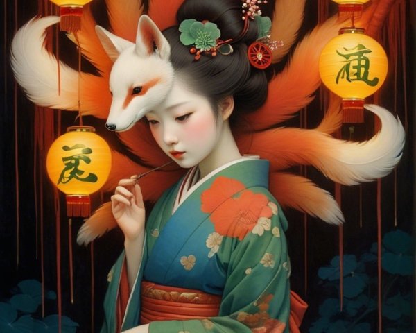 Serene figure in kimono with fox among vibrant lanterns