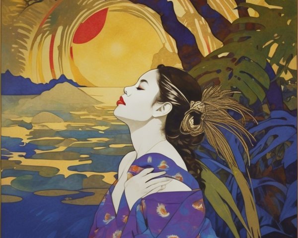 Serene Woman in Blue Kimono Against Sunset Background