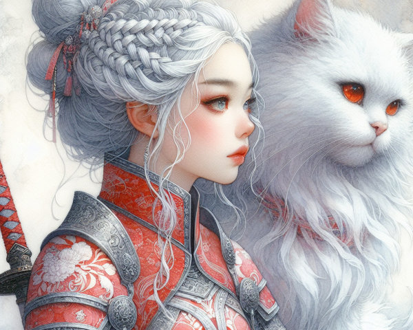 Young Woman in Red Armor with White Cat Portrait
