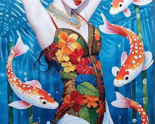 Graceful Woman in Floral Dress Surrounded by Nature