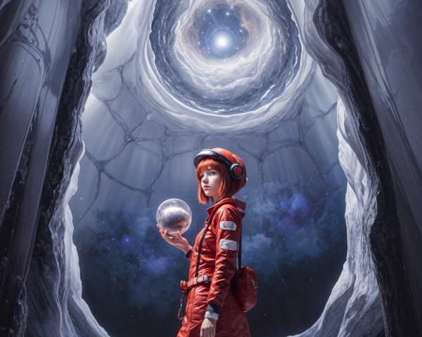 Young astronaut in vibrant suit explores surreal space