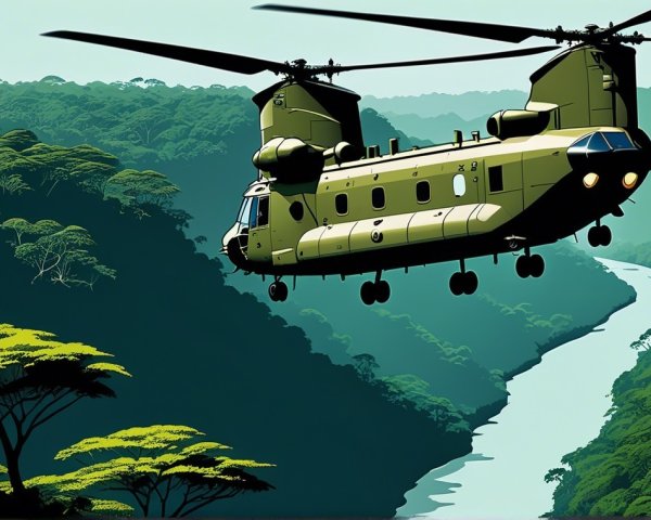 Military Helicopter Over Lush Jungle Landscape
