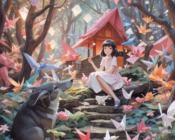 Young girl in a white dress with origami cranes in forest