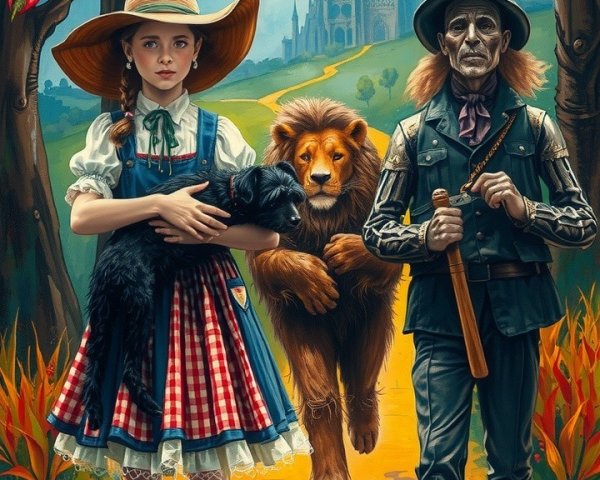 Young girl with cat and lion on a colorful path