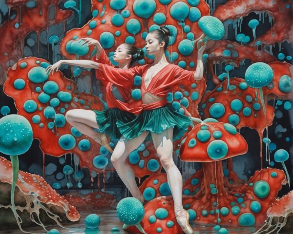 Dancers in Colorful Costumes Amid Surreal Fungi Backdrop