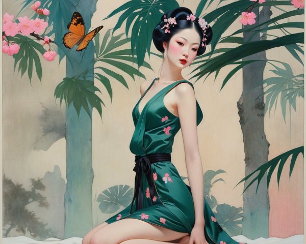 Serene Woman in Floral Dress Among Bamboo and Blossoms