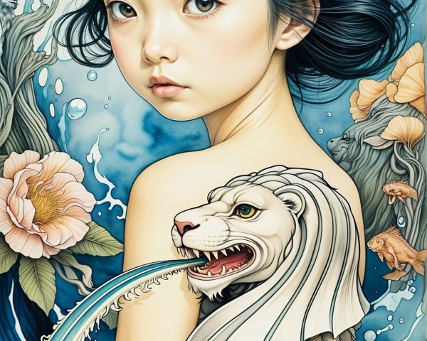 Young girl with lion head and flowing water artwork