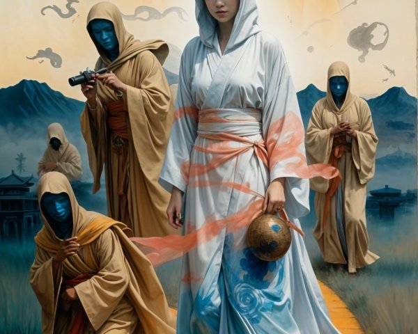 Surreal Landscape with Serene Figure and Cloaked Followers