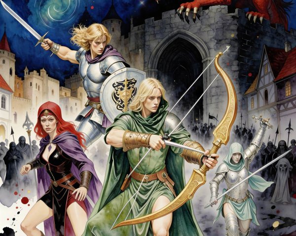 Fantasy Painting of Heroes Facing a Dragon Attack