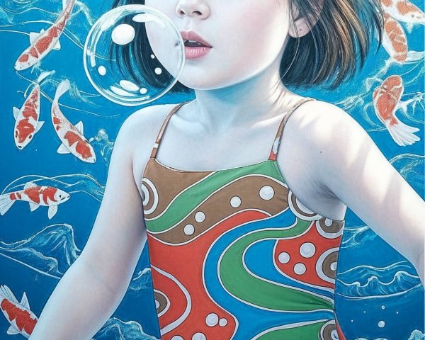 Young girl in colorful swimsuit blowing bubble in water