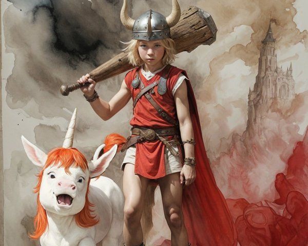 Watercolor painting of a boy with a unicorn and castle