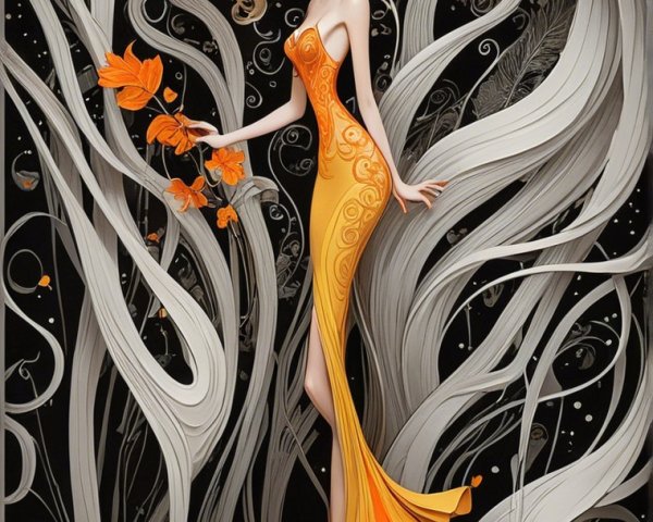 Whimsical Character in Yellow Gown with Butterflies