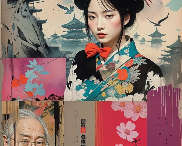 Young Woman in Kimono with Cherry Blossoms and Pagodas