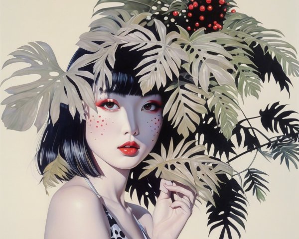 Young Woman Surrounded by Green Leaves and Red Berries