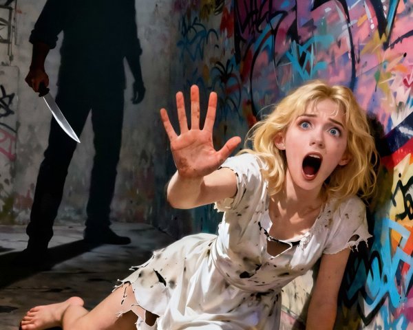 Young woman in distress in dark graffiti-covered alley