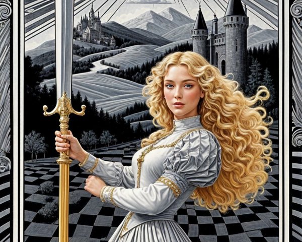 Woman in White Gown with Sword in Surreal Landscape