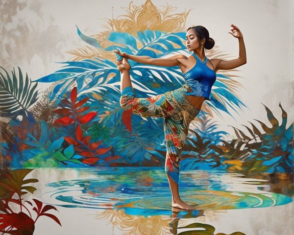 Dancer in Pose Surrounded by Tropical Plants and Water