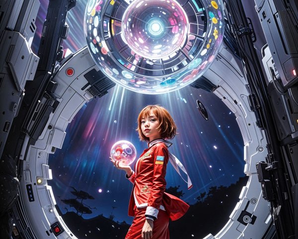 Young Woman in Red Outfit in Futuristic Landscape