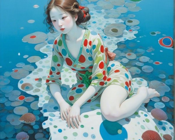 Serene Woman in Polka-Dotted Kimono Underwater