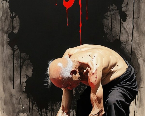 Elderly Man with Muscular Build Against Dark Background