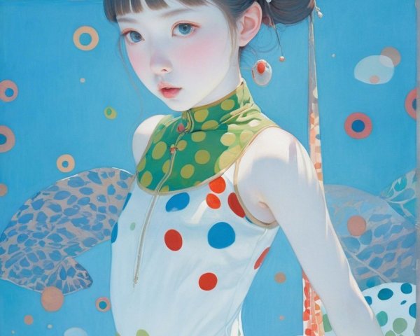 Young girl underwater in polka-dotted swimsuit