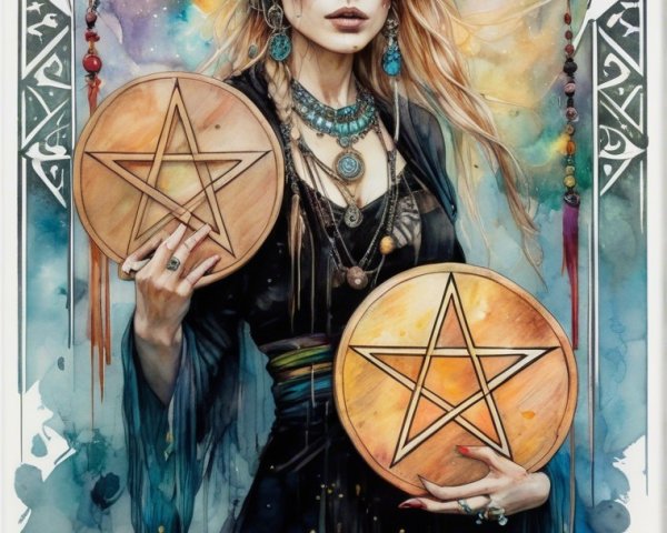 Mystical Figure with Pentacles Surrounded by Colors