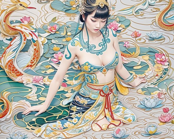 Serene figure amid swirling water and vibrant koi fish