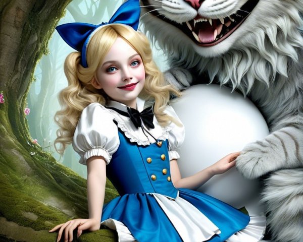 Whimsical Scene of Girl as Alice with Cheshire Cat