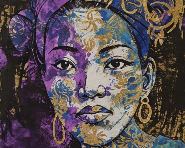 Portrait of a woman with blue and gold patterns