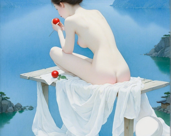 Woman by Tranquil Lake with Apples and Mountains