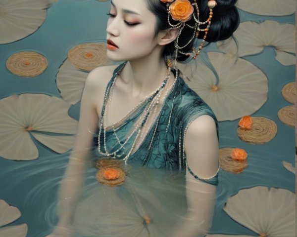 Woman in tranquil pond with lotus and roses