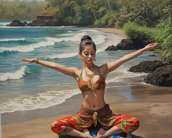 Serene Beach Scene with Woman in Yoga Pose