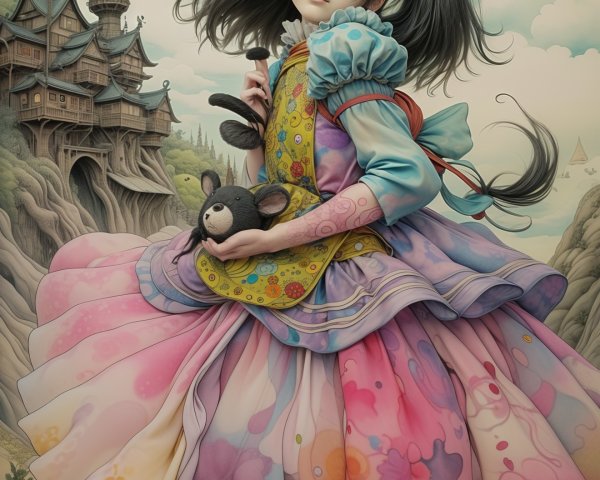 Whimsical Girl in Colorful Dress with Magical Castle