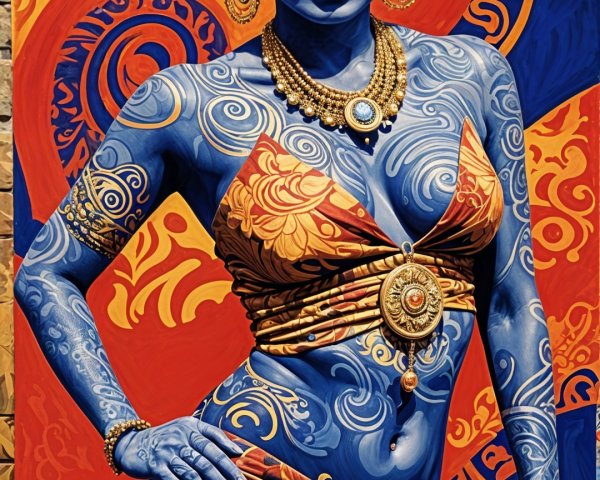Woman in Blue Body Paint with Floral Patterns