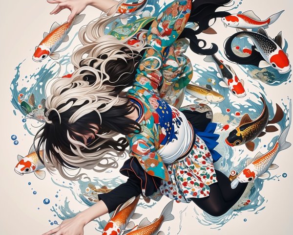 Young Woman in Kimono Diving into Vibrant Water