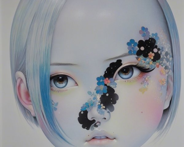 Androgynous Figure with Floral Patterns and Expressive Eyes