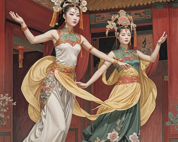 Elegant Dancers in Traditional Asian Setting