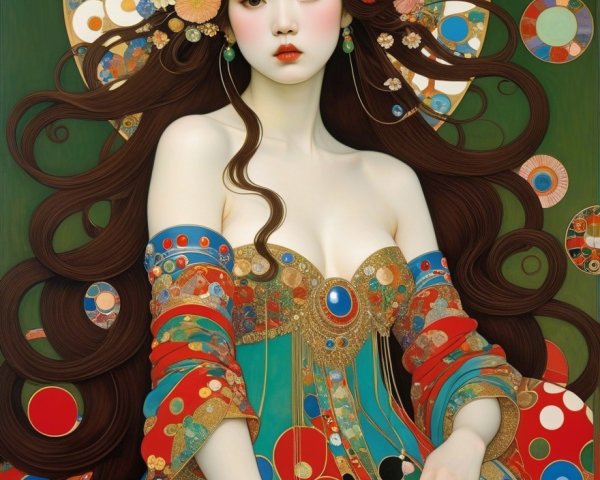 Elegant figure in vibrant patterned gown with floral motifs