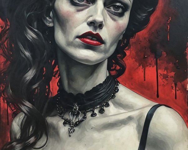 Portrait of a Woman in Black Lace Corset and Red Background