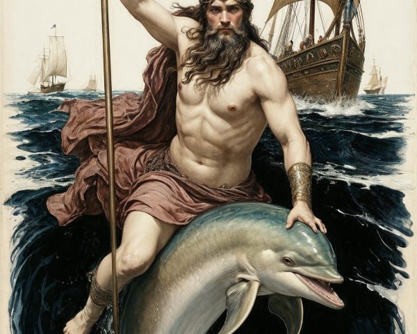 Muscular Sea God Riding Dolphin in Ocean Waves