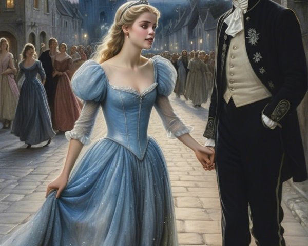 Magical Nighttime Scene with Young Couple in Gowns