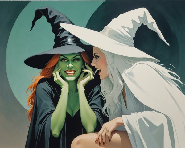 Whimsical Scene of Two Colorful Witches