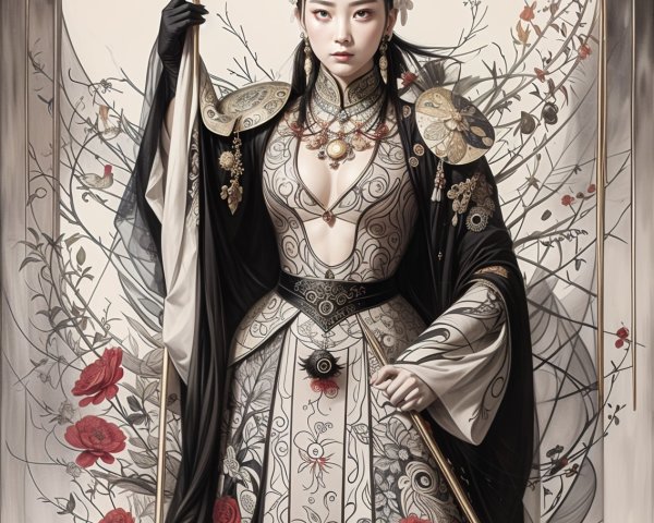 Traditional Attire with Floral Patterns and Staff
