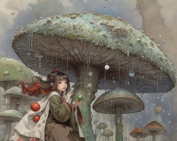 Whimsical Scene of a Girl Among Giant Colorful Mushrooms